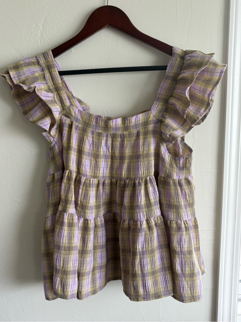 ADORA Lavender & Olive Plaid Ruffle-Sleeve Tunic